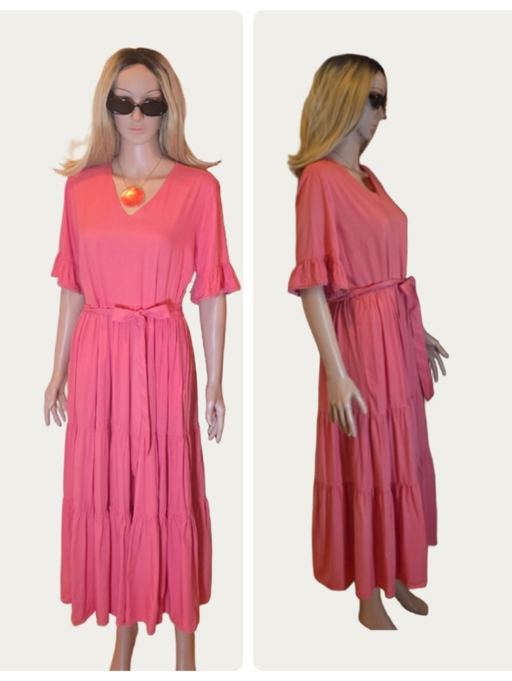 Downeast Pink/Coral 3 Tiered V-Neck Maxi Dress - Large